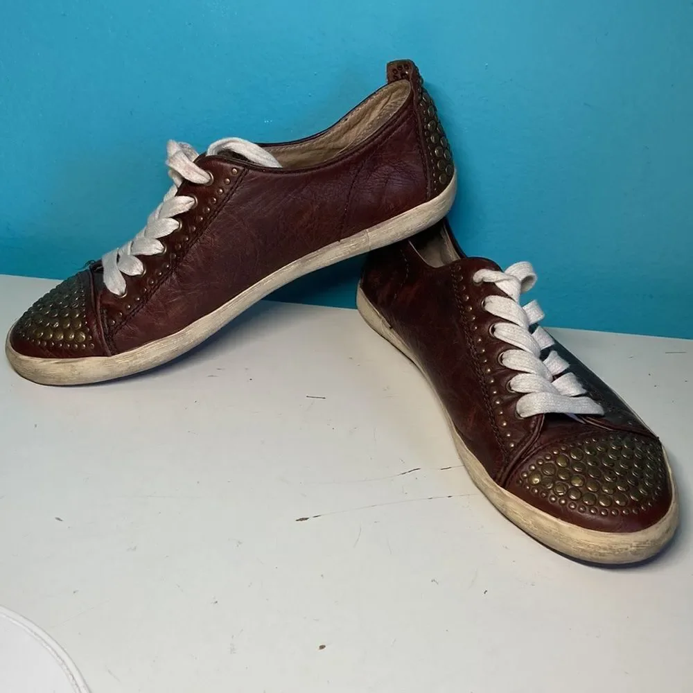 Frye Kira Studded Low Sneaker Brown Leather 7
